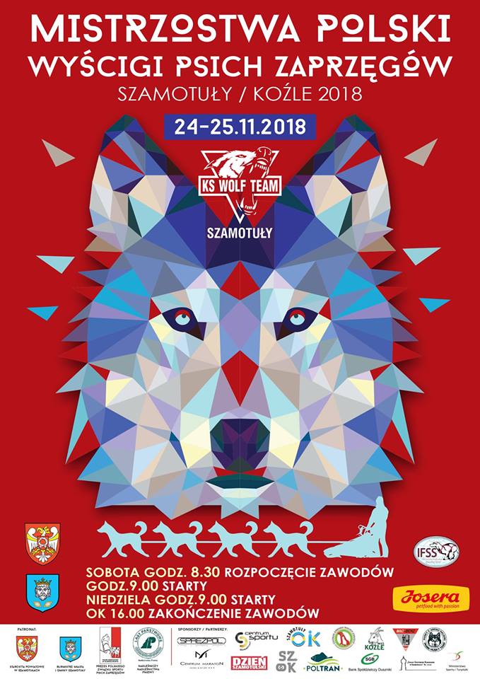 Plakat informujący o Mistrzostwach Polski w wyścigach psich zaprzęgów. Na czerwonym tle znajduje się wilk stworzony z różnokolorowych trójkątów. U góry oraz na dole znajdują się informacje nt. zawodów, a także loga sponsorów.