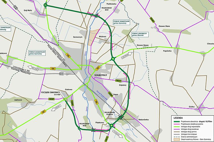 Mapka - planowany przebieg obwodnicy Szamotuł. Źródło: Wielkopolski Zarząd Dróg Wojewódzkich w Poznaniu 