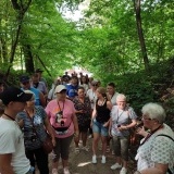 Grupa uczestników wycieczki wraz z opiekunami na zwiedzają wraz z przewodnikiem, spacerują po zalesionej ścieżce 