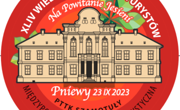 Logo z napisami: XLIV Wielkopolski Zlot Turystów na Powitanie Jesieni Pniewy 23 IX 2023, PTTK Szamotuły, Międzyszkolna Sztafeta Turystyczna oraz z obrazkiem Pałacu w pniewach